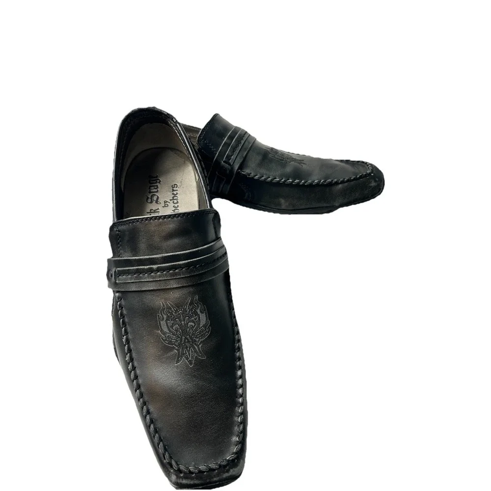 Vtg Back Stage by Skechers 69506 Men 11‎ Black Leather Loafers Crest Y2K Grunge